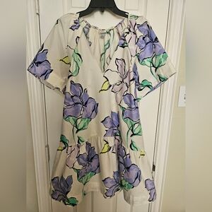 Women's Flutter Short Sleeve Mini Poplin Dress - White/Purple Floral